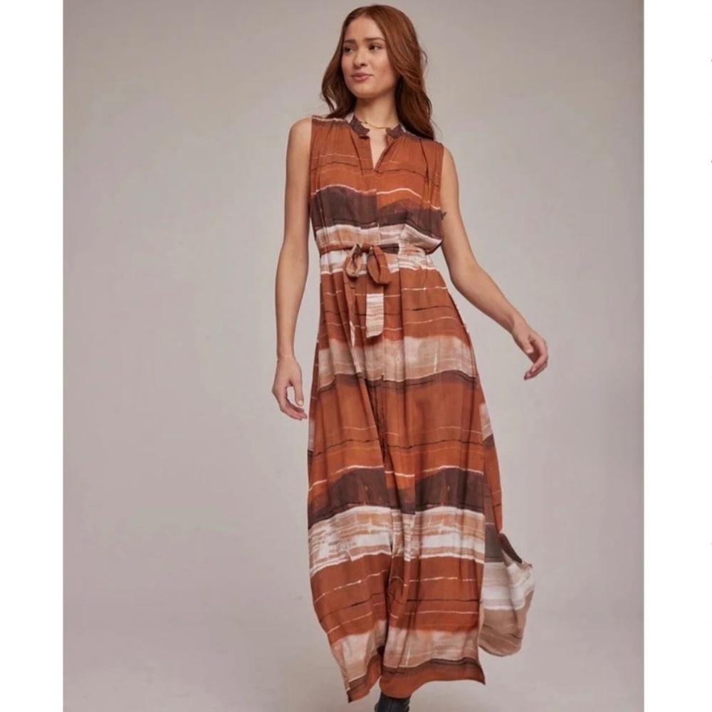 Bella Dahl Sleeveless Pleat Front Waist Tie Maxi Dress Orange Rust Stripes Small
